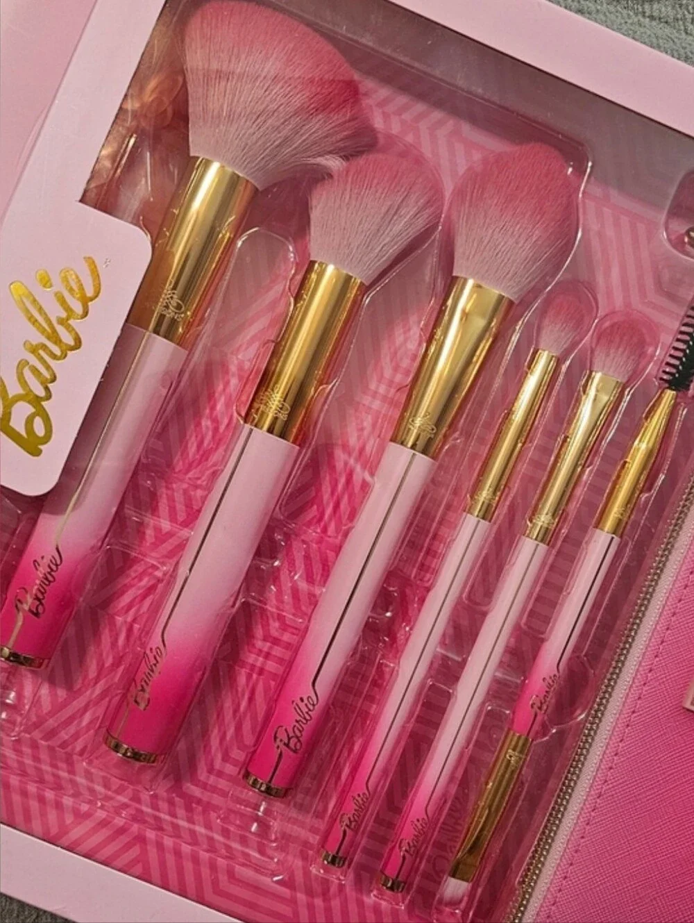 Barbie Pink and Gold Makeup Brush Set with Palm Pouch